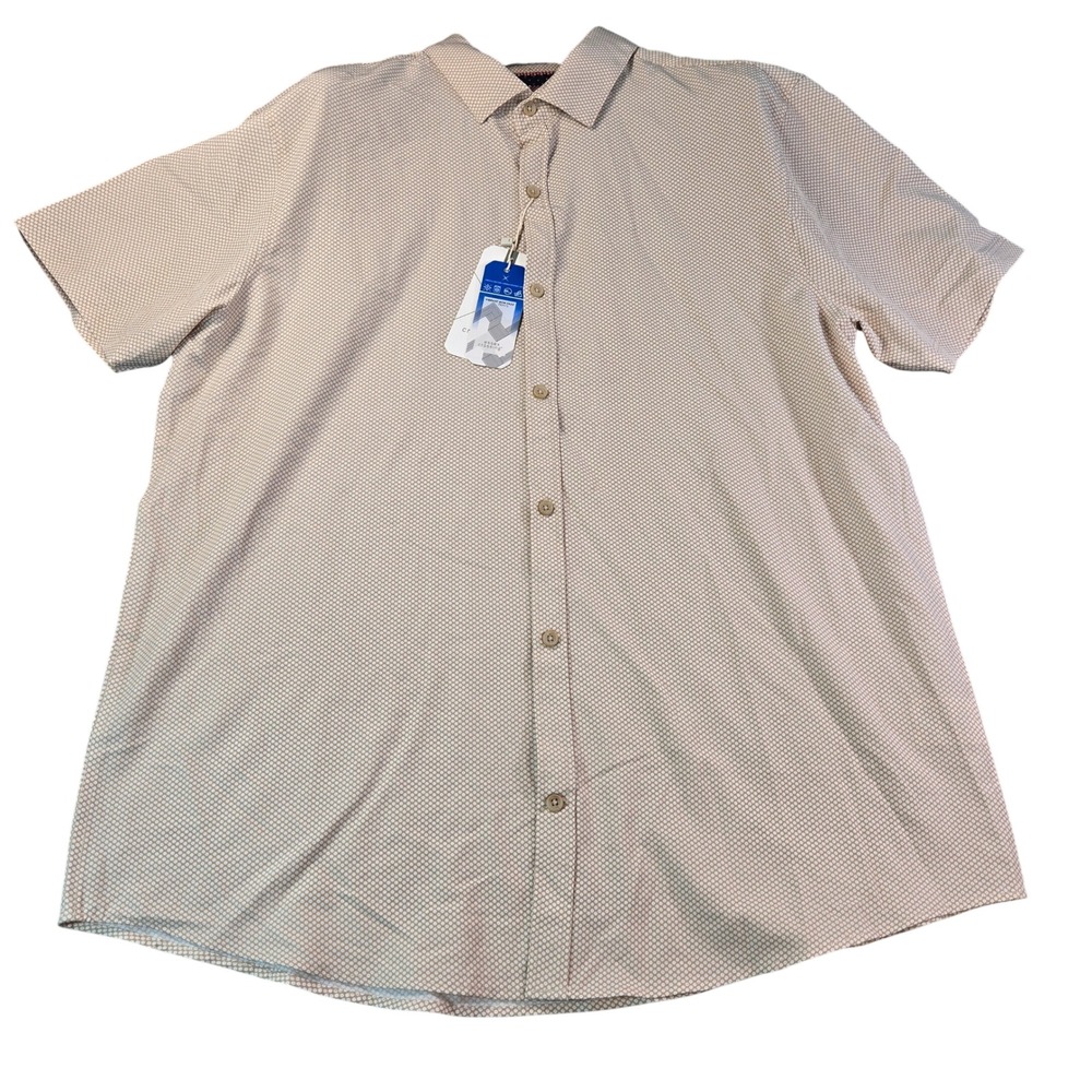 Essex Crossing Men's XL Short Sleeve Button Down Shirt Tan Geometric Stretch NWT